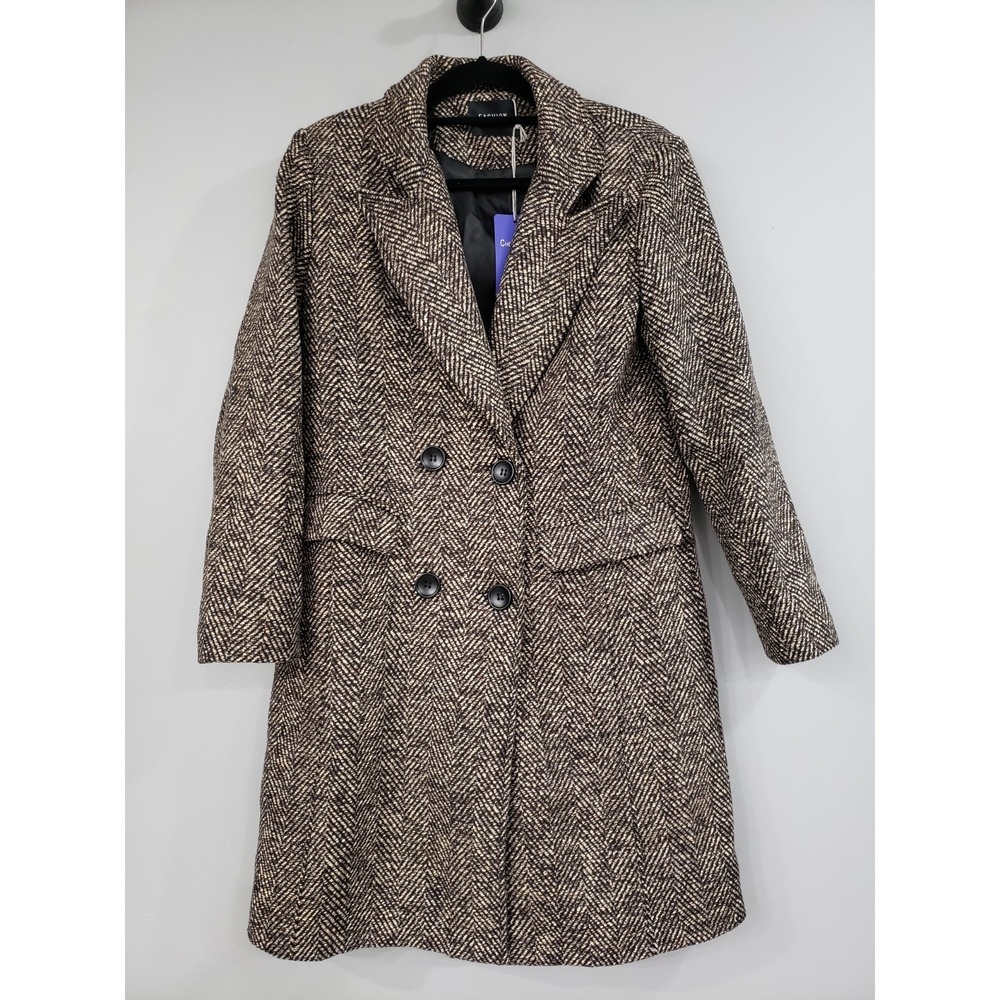 NEW WOOL BLEND chouyatou Womens Pea Coat Long TAN BLACK old money Dark Academia